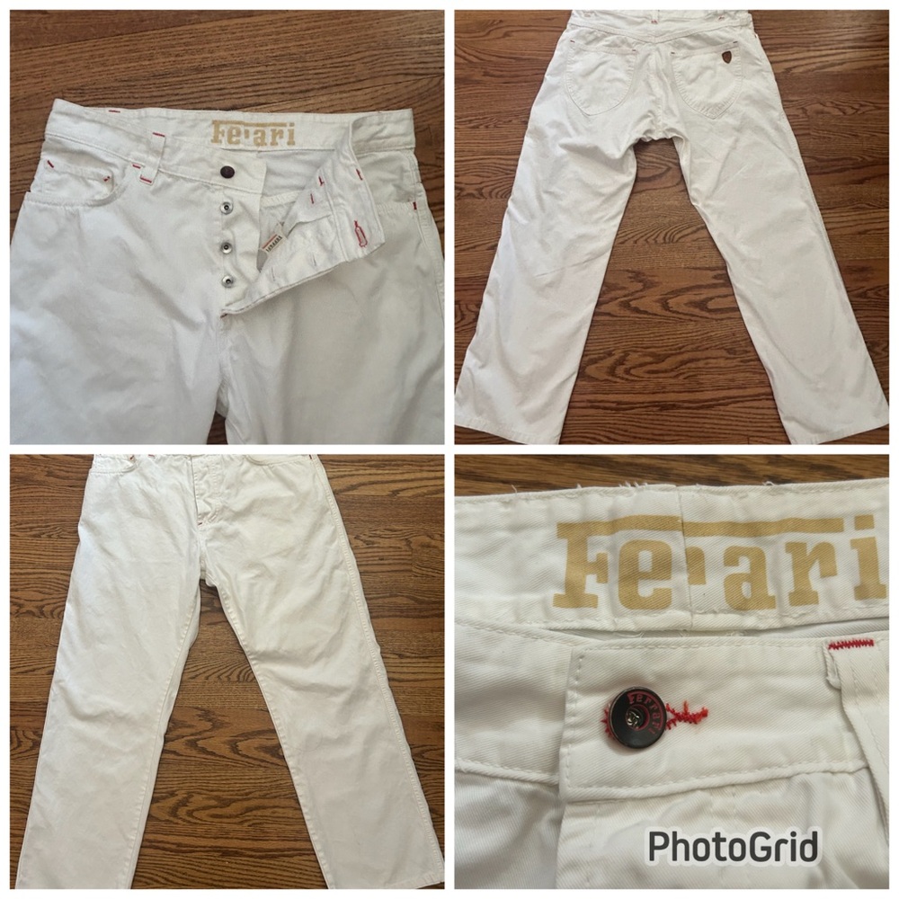Ferrari Mens White Jeans Pants Red Stitch Detail. Made Italy